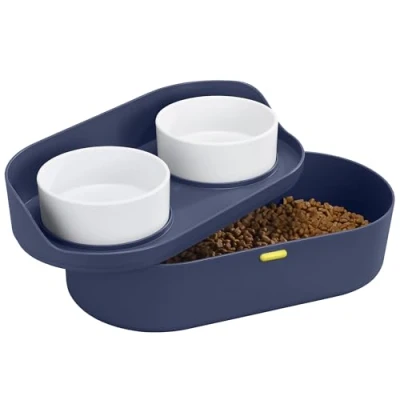 Imagen de Navaris Set de Comederos Elevados para Mascotas 2X Tazones con Soporte Elevado Alimentación Perros y Gatos 2,3 litros Capacidad Azul Marino