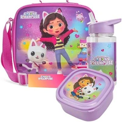 Imagen de Get Trend Gabby’s Dollhouse Bolsa Termica Porta Alimentos con Fiambrera Infantil y Botella de Agua 400ml Set Almuerzo 3 Piezas Regalo para Niños (Gabby’s Dollhouse)