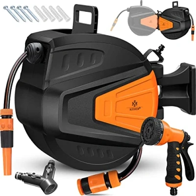 Imagen de KESSER® Enrollador de mangueras Agua Ducha Mano múltiple Giratorio 180 Tapón rebobinado Montaje en la Pared Caja Manguera jardín, Naranja 20 M