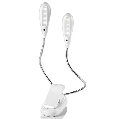 Imagen de Iluminación para lectura,Clip flexible de LED en las luces lectura del libro con 8 soporte música 2 brazos,nivel 5 modos Luz clip viaje cabeza doble (batería)