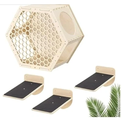 Imagen de Navaris Pared de Escalada para gatos Juego 3X escalón y 1x balda Hexagonal Gato Circuito 4X Plataforma Escalar Jugar en Paredes
