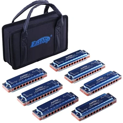 Imagen de East Top armónica diatónica de 10 hoyos y 20 tonos con estuche azul, estándar para jugadores profesionales, principiantes, estudiantes, adultos, niños, como mejor regalo (T008K BL 7)