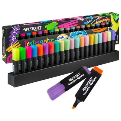 Imagen de Westcott Juego de 20 rotuladores fluorescentes con sistema organizador, unidades, grosor trazo 2 5 mm, tinta premium Alemania, E 744250 00