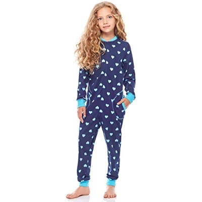 Imagen de Merry Style Pijama Entero 1 Pieza Vestido de Casa 100% Algodón Niña MS10 186 (Marino Corazones Turquesa, 146 152)