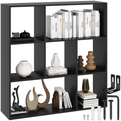 Imagen de TecTake® Libreria Estanteria Asimétrica, 7 Compartimentos Abiertos, Protectores de Suelo Separador Ambientes, Antivuelco, Libros, Muebles Salon, Estanterias Almacenaje Negro