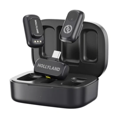 Imagen de Hollyland Lark A1 Duo Mini micrófono inalámbrico para iPhone 15/16 y Android (2 TX + USB C RX Estuche de Carga), magnético Youtube, TikTok, podcasts entrevistas (Negro)
