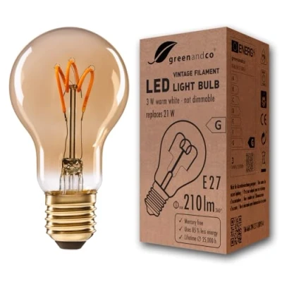 Imagen de greenandco Bombilla de filamento LED Vintage E27 3W (corresponde a 21W) 210lm 2000K (blanco cálido) 360 230V vidrio, sin parpadeo, no regulable