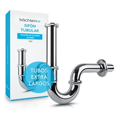 Imagen de Bächlein Sifón Tubular Cromado para Lavabos y Lavamanos (Extra Largo) Set de Desagüe Trampa con Instrucciones Instalación Tubo Desagüe, Tubería Universal