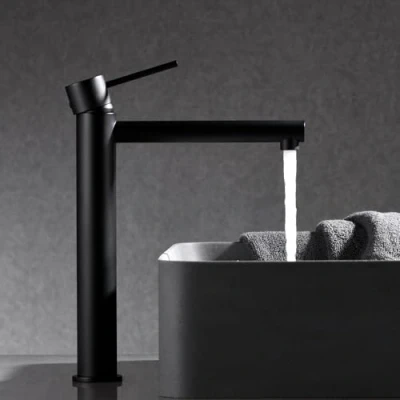Imagen de IMEX Grifo Monomando Lavabo Caño Alto Baño Mezclador Agua Fria y Caliente sobre Encimera Ahorro de Serie Milos Stick Color Negro Mate