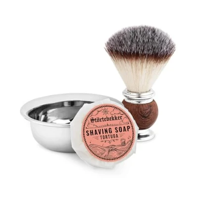 Imagen de Set de brochas afeitar premium con cuenco afeitado acero inoxidable y jabón (varias fragancias) [incluye guía barba en formato E Book] (Tortuga)