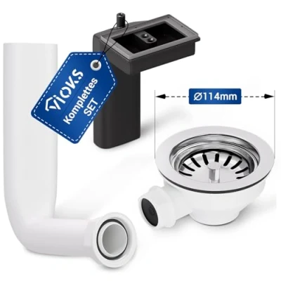 Imagen de VIOKS desagüe de fregadero con válvula cesta 114 mm y rebosadero para fregadero/fregadero cocina, colador