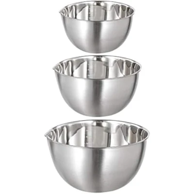 Imagen de Juego de 3 cuencos para mezclar acero inoxidable con boquilla, cuenco metal cocinar preparar servir, anidación apto lavavajillas, 1,5 L/3 L/5 L