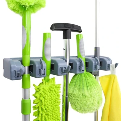 Imagen de Amazon Basics Rectángulo Soporte para escobas y organizador de herramientas jardín limpieza lavandería, cocina, cobertizo garaje, 6 ganchos 5 ranuras, 6.2 x 43 8.5 cm, color gris