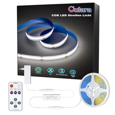 Imagen de OULARA tira led COB Blanco Frio 6000K,10M Regulable 24V de luces con RF Remoto y Alimentación,CRI90+ Flexible Strip para decoración del hogar,Función Temporizador