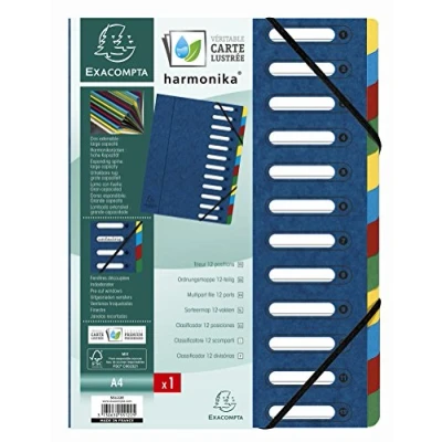 Imagen de Exacompta 55122E Caja de 6 clasificadores HARMONIKA con bandas elásticas y ventanas recortadas cartulina brillante reverso expandible 12compartimentos A4 tamaño 24,5x32cm color azul