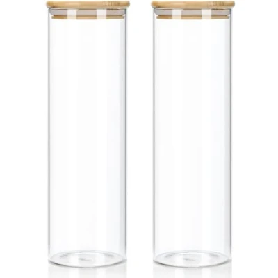 Imagen de Juego de 2 tarros cristal con tapa bambú 1400 ml, para espaguetis, herméticos, especias, vidrio borosilicato reforzado
