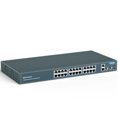 Imagen de YuanLey 24 Port PoE Switch con 2 Gigabit Ethernet Uplink SFP, 400W Puerto PoE+ 802.3af/at, No Gestionado Conmutador de Red AI Watchdog, VLAN, Extensión 250m, Montaje en Bastidor Plug and Play