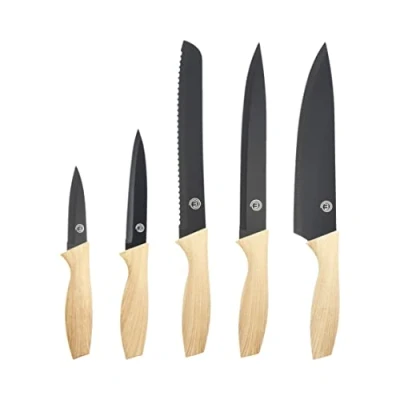 Imagen de MasterChef Juego de Cuchillos Cocina (Carne, Sierra por Pan, Verduras y Pescados), Colección Acero Inoxidable con Asas Suaves al Tacto, Set Multifuncional, 5 Piezas, Madera