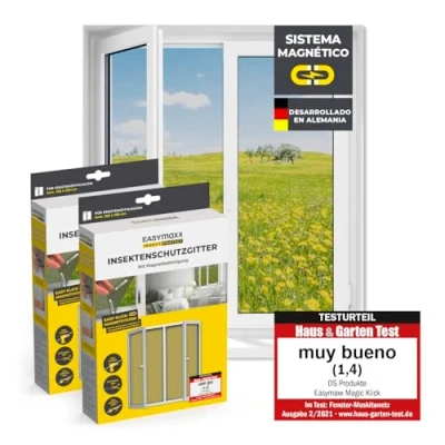 Imagen de EASYmaxx Mosquitera para ventanas con Magic Click Cortada a medida todas las de hasta 150 x 130 cm Fácil instalación 12 imanes sin taladrar ni atornillar [2 Piezas]