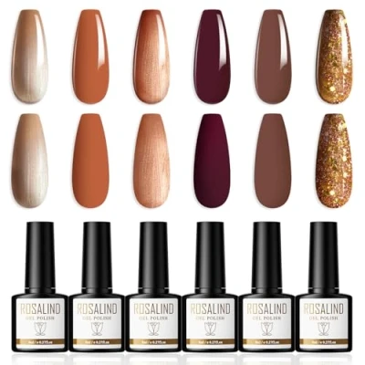 Imagen de ROSALIND Esmalte Semipermanente, 6 Colores Pintauñas Semipermanentes Amarillo Marrón Glitter Semipermanente Para Uñas Gel Nail Polish Soak Off UV/LED, Art DIY de Otoño e Invierno, 8ml