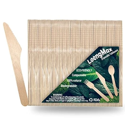 Imagen de LoengMax Cuchillos de madera desechables, 100 piezas 6 pulgadas longitud, cubiertos madera, ecológicos, 100% compostables biodegradables naturales utensilios