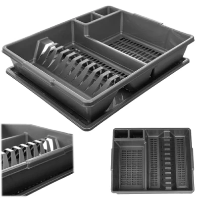 Imagen de KADAX Escurreplatos de plástico, escurridor con cesta para cubiertos, 42 x 34,5 8,5 cm, bandeja goteo, soporte platos, vasos, cubiertos (plata)