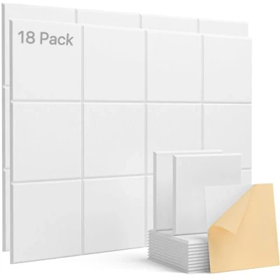 Imagen de paneles acústicos autoadhesivos, 18 unidades, aislamiento acústico, de poliéster alta densidad, diseño bordes biselados, color blanco, para pared, techo, madera y puerta, 30 x