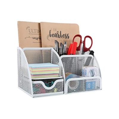 Imagen de Organizador Generic. de escritorio metal (con 5 compartimientos almacenamiento y 1 cajón, con almohadillas goma), color blanco