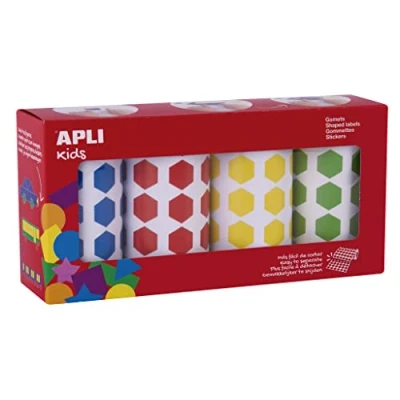 Imagen de APLI Kids 19192 Pack de 4 rollos gomets hexágonos 20 mm Pegatinas educativas en color azul, rojo, amarillo y verde
