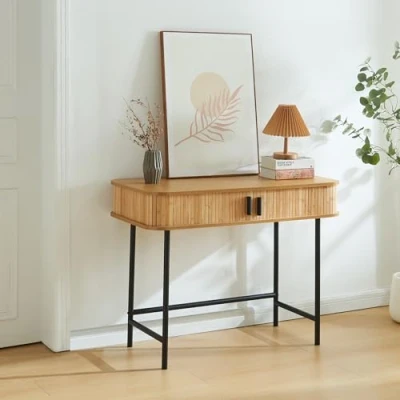 Imagen de [en.casa] Consola Tvedestrand Versátil Mueble Recibidor Mesa de Entrada con 2 Compartimentos Cerrados Estable Diseño Atractivo Bambú Metal 100 x 50 76 cm Efecto Madera/Negro