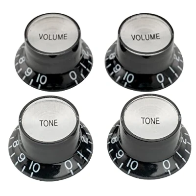 Imagen de Musiclily Pro Tamaño Métrico 18 Splines Botones de Potenciómetros Reflector 2 Volumen Tono Perillas Set para Asia Import Guitarra o Bajo Split Shaft Pots, Negro con Plata Top