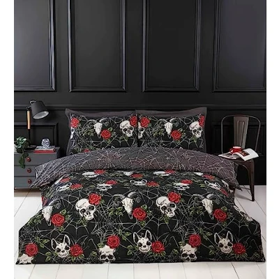 Imagen de Rapport Home Juego de Funda nórdica Negra con Calaveras y Rosas, Ropa Cama Doble Microfibra temática Halloween