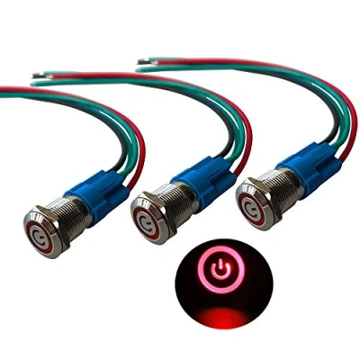 Imagen de QitinDasen 3Pcs Premium 12V / 24V 3A Interruptor de Botón Autoblocante, 12mm Metálico, LED Rojo Pulsador Impermeable IP66 con Enchufe Cable