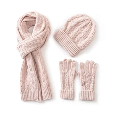 Imagen de Villand gorro de lana para mujer 3 en 1, guantes y bufanda, juego invierno, piezas, punto cable con caja regalo (Rosado)