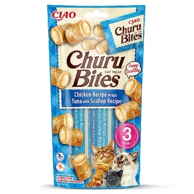 Imagen de INABA Churu Bites Tuna &amp; Scallop Snacks para Gatos Premios Saludables Golosinas Crujientes y Cremosas Pequeña Práctica Porción Sabor Atún Vieira 3x10g Comida Mascotas