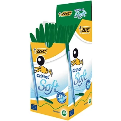 Imagen de BIC Cristal Soft Bolígrafos de punta media (1.2 mm) con sistema Easy Glide System para una escritura hasta un 35% más fluida color verde, caja 50 unidades