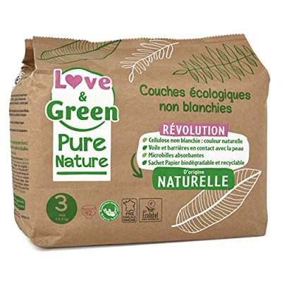 Imagen de Love &amp; Green Pure Nature pañales Ecológicos sin Blanquear, Talla 3 (4 9 kg), pack de 6 x 42