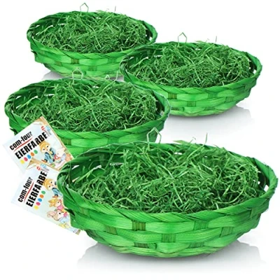 Imagen de com four® 4X Cestas de Pascua con Hierba Ornamental y Huevos Colores Verdes Cesta Rafia (Juego 4 Verde)