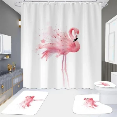 Imagen de Cortina de Ducha Estampado Rosa Flamenco Alfombra Baño Juego 4 Piezas Lavable, Poliéster+Alfombrilla Felpudo Tipo U+Alfombra Antideslizante(45x75)+Estera del Inodoro