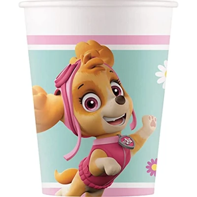 Imagen de Procos 93477 vasos de fiesta Paw Patrol Skye and Everst, capacidad máxima llenado 200 ml, 8 unidades, desechables papel, para cumpleaños infantil, vajilla fiesta, FSC
