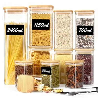 Imagen de Withosent 11pcs Grandes Tarros de Cristal con Tapa Bambú, 2400ml/1150ml/700ml/280ml Apilable Botes Especias, Frascos Vidrio Cocina Almacenaje para Pasta, Cereales, Harina