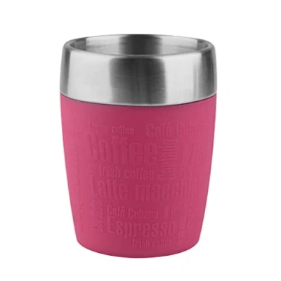 Imagen de Emsa Travel Mug Taza térmica de 0,2 l, mantiene la temperatura, acero inoxidable con base antideslizante y zona agarre silicona letras grabadas, color rosa