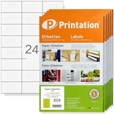 Imagen de Printation Etiquetas adhesivas 70x37 Pack de 12000 autoadhesivas blancas 70 x 37 mm 500 hojas A4 3x8 24 Labels por hoja dirección imprimibles Papel adhesivo impresora 1273