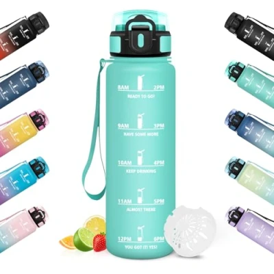 Imagen de HoneyHolly Botella Agua, 1L, Marcador de Tiempo, Portátil, Cantimplora, Reutilizable, Agua Gimnasio, A Prueba Fugas, Cantimplora para Ciclismo, Oficina y Exteriores