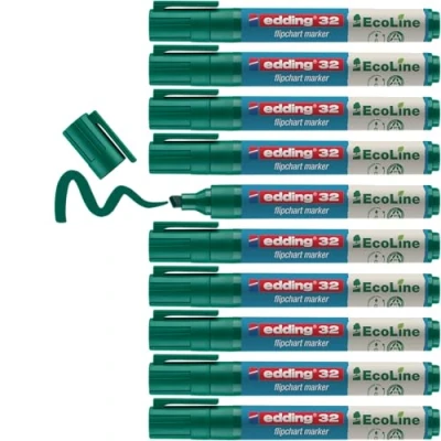 Imagen de edding 32 EcoLine marcador para flipcharts verde 10 rotuladores punta biselada de 1 5 mm escribir, dibujar y marcar sobre papel recargable, no traspasa, mancha