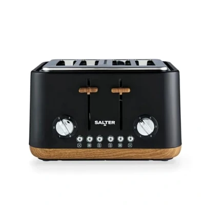 Imagen de Salter EK5823BLK Toronto 4 Slice Toaster Wide Slots, 6 Browning Levels, Removable Crumb Tray, Defrost, Reheat, Cancel, Self Centring Function, High Lift Eject, 1630 W, Wood Effect, Matt Black
