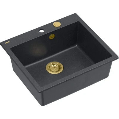 Imagen de QUADRON Fregadero de cocina Negro y Dorado tamaño 57 x 50 22 cm granito MORGAN 110 encastrable con orificio para grifo moderno un seno