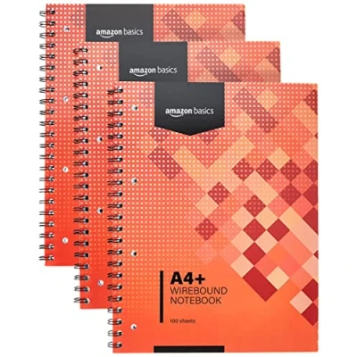 Imagen de Amazon Basics Cuaderno espiral, 100 hojas, 200 páginas A4+, 80 GSM, paquete de 3, Rojo