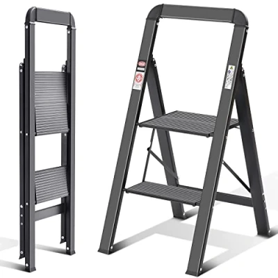 Imagen de KINGRACK Escalera de Tijera 2 Peldaños, Plegable con Barandilla, Doméstica Antideslizante Mecanismo Antiplegado, Taburete Aluminio, Carga Máxima 150 kg, Negro