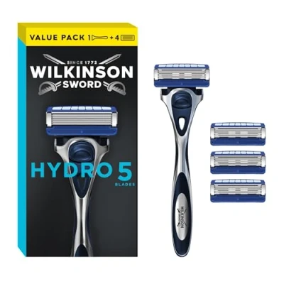 Imagen de Wilkinson Sword maquinilla de afeitar Hydro 5 para hombre, cuchillas recubiertas carbono, gel hidratante y recortadora precisión, + 4